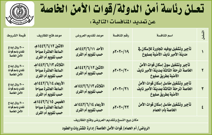 تعلن رئاسة امن الدولة قوات الامن الخاصة عن تمديد المنافسات التالية 