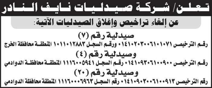 تعلن شركة صيدليات نايف النادر عن الغاء تراخيص واغلاق الصيدليات التالية 