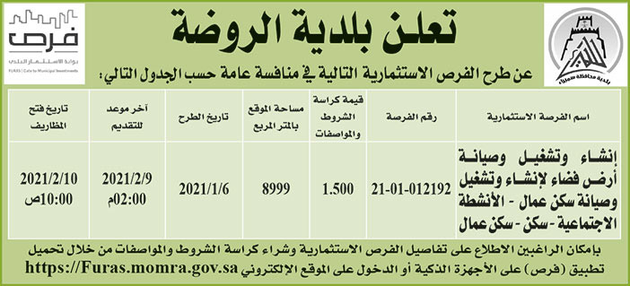 تعلن بلدية الروضة عن طرح الفرص الاستثمارية التالية 