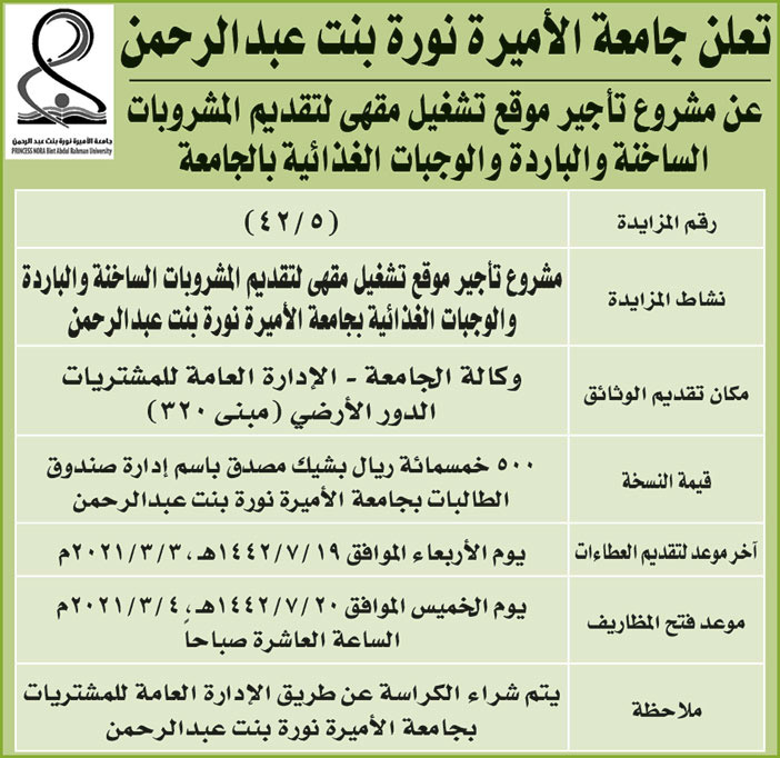 تعلن جامعة الاميرة نورة عن مشروع تاجير موقع تشغيل مقهى 