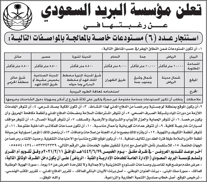 تعلن مؤسسة البريد السعودي عن رغبتها في استئجار مستودعات 