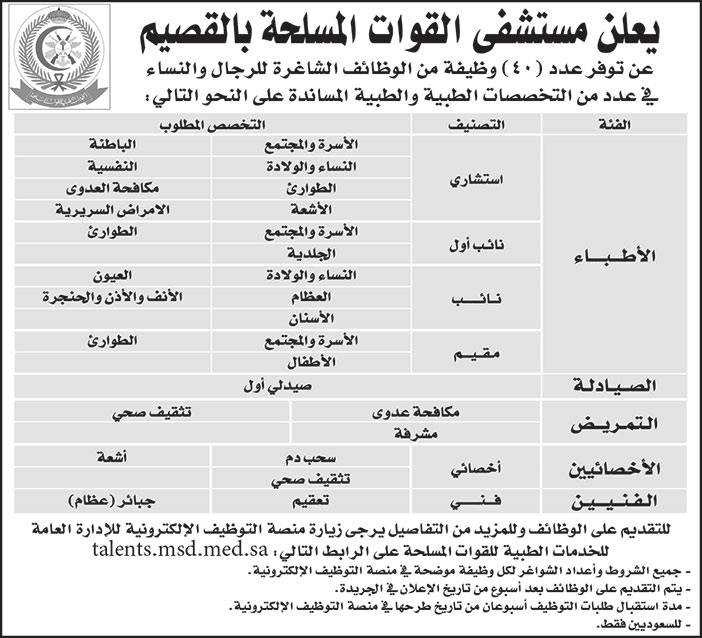 يعلن مستشفى القوات المسلحة بالقصيم عن توفر الوظائف التالية 