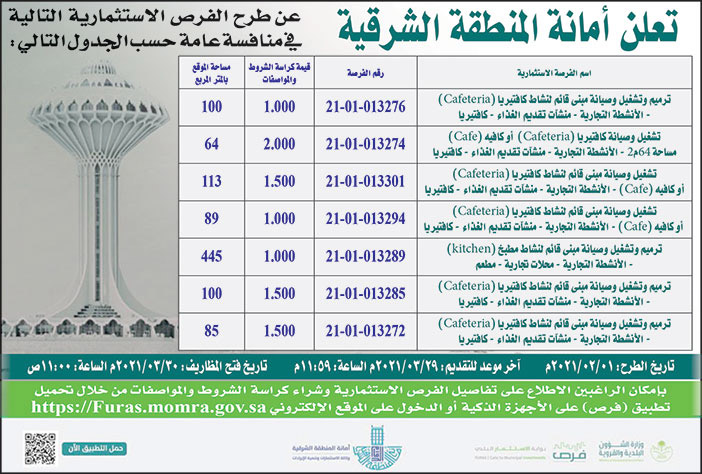 تعلن امانة المنطقة الشرقية عن طرح الفرص الاستثمارية التالية 