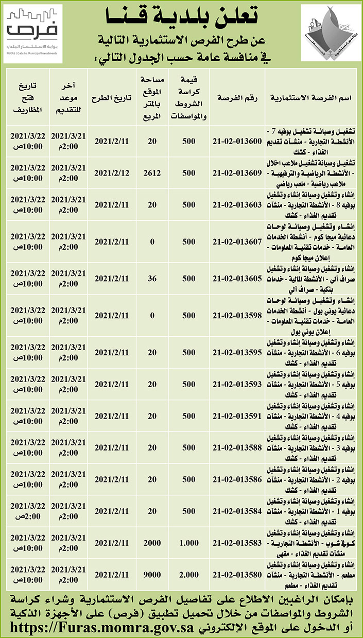 مناقصات حكومية (بناء - استئجار - هدم - نقل - صيانة - تشغيل - شراء – بيع) 