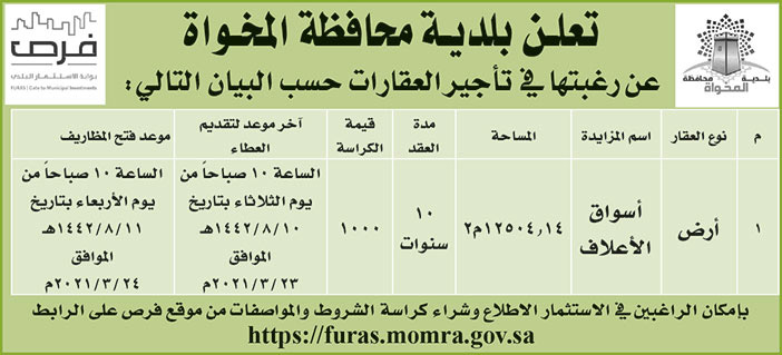 تعلن بلدية محافظة المخواة عن رغبتها في تأجير العقارات حسب البيان التالي 