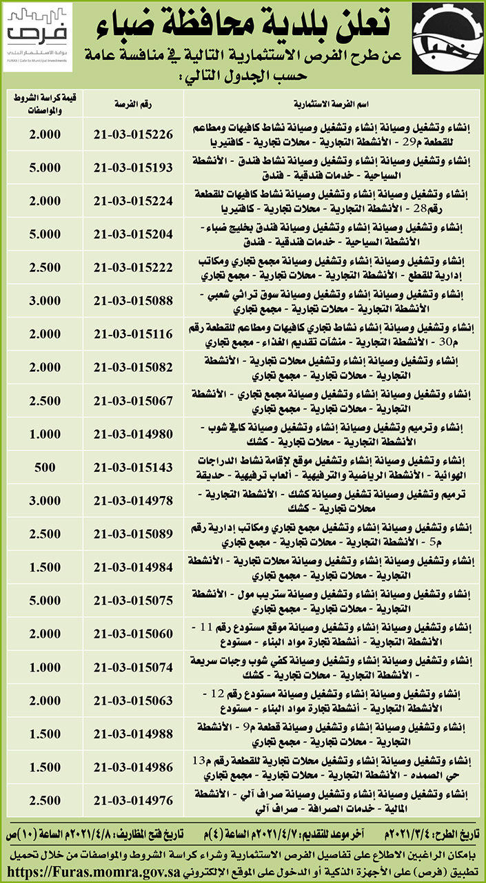 مناقصات حكومية (بناء - استئجار - هدم - نقل - صيانة - تشغيل - شراء – بيع) 