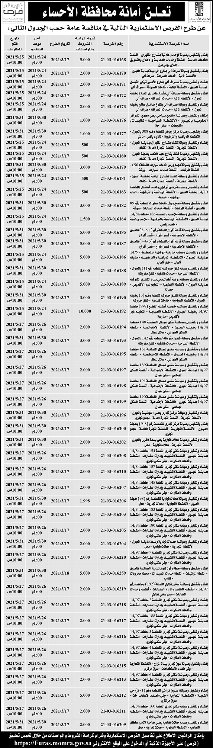 إعلان عن فرص استثمارية لأمانة محافظة الأحساء 