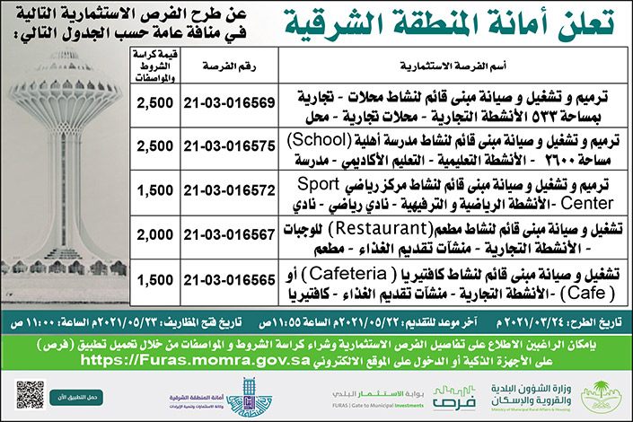 إعلان عن فرص استثمارية بأمانة المنطقة الشرقية 