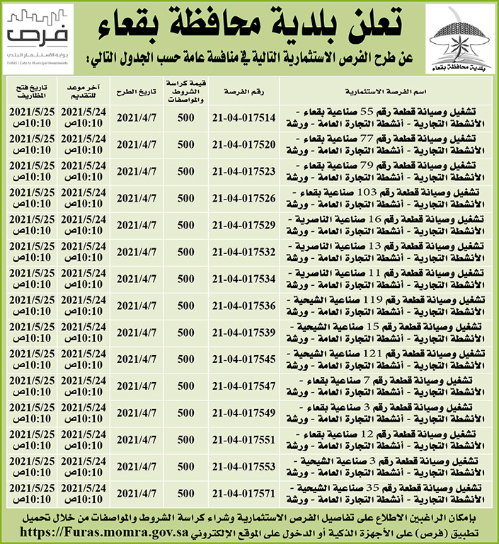 بلدية محافظة بقعاء تطرح فرص استثمارية 