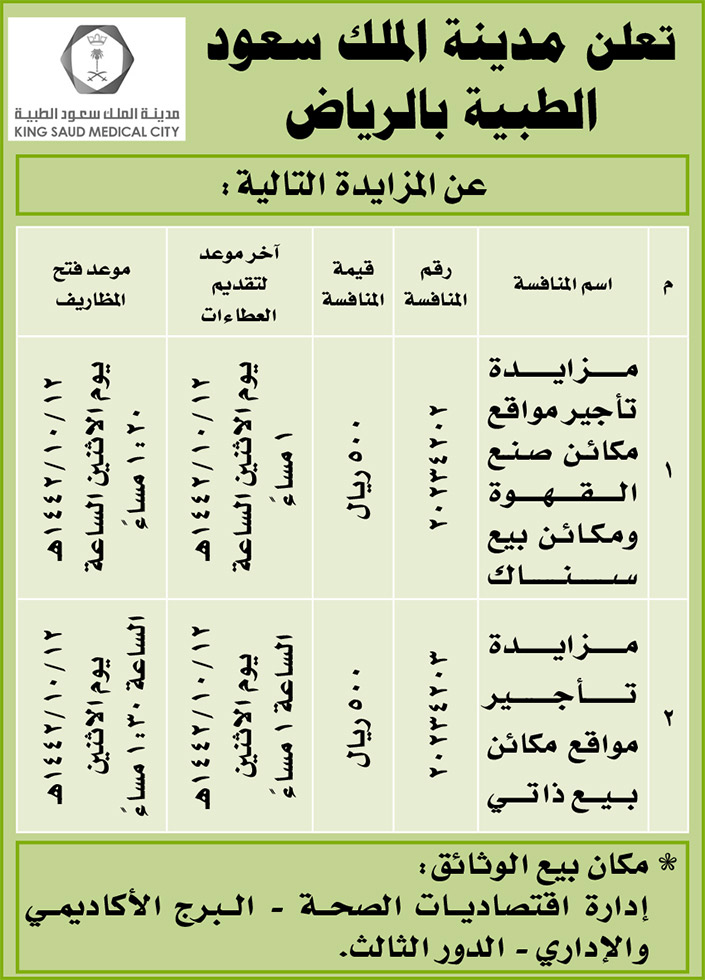 مدينة الملك سعود الطبية بالرياض تطرح مزايدة لتأجير مواقع وتأجير مواقع مكائن بيع ذاتي 