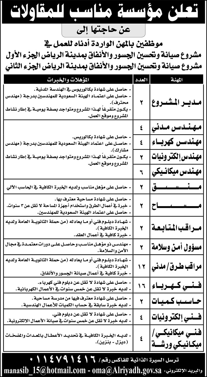 وظائف شاغرة في مؤسسة مناسب للمقاولات 