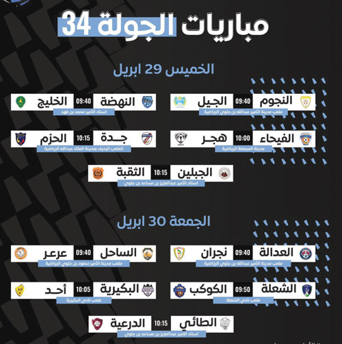 مع اقتراب جولات الحسم في دوري الأولى اليوم وغداً تلعب مباريات في الجولة «34» 