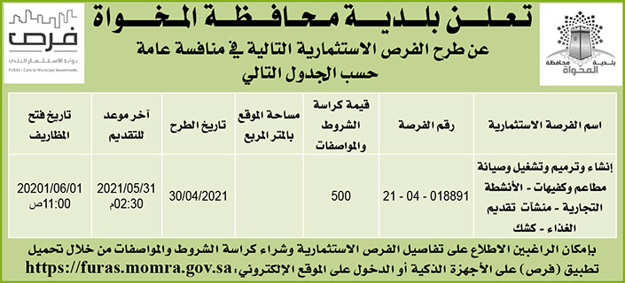 بلدية محافظة المخواة تطرح فرص استثمارية 