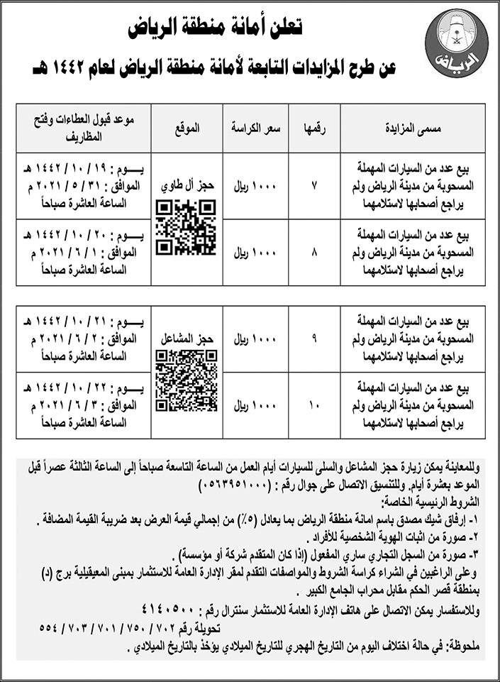 أمانة منطقة الرياض تطرح المزايدات التابعة للأمانة لعدد من السيارات المهملة والمسحوبة من مدينة الرياض 