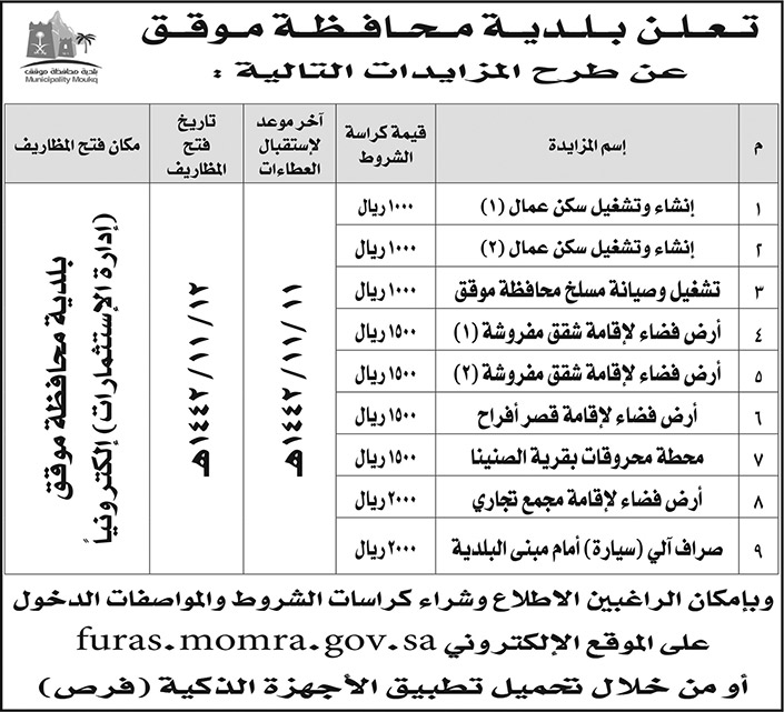 بلدية محافظة موقق تطرح  عدد من المزايدات 