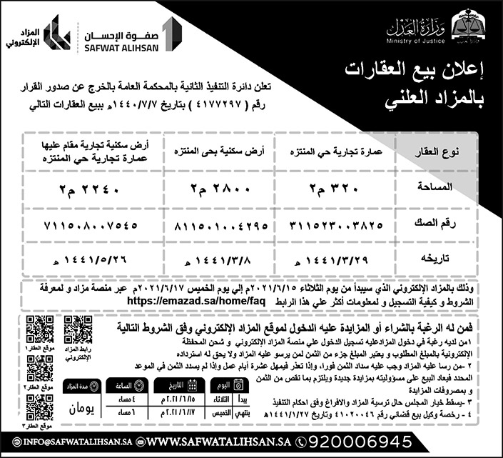 إعلان عن بيع العقارات بالمزاد العلني 