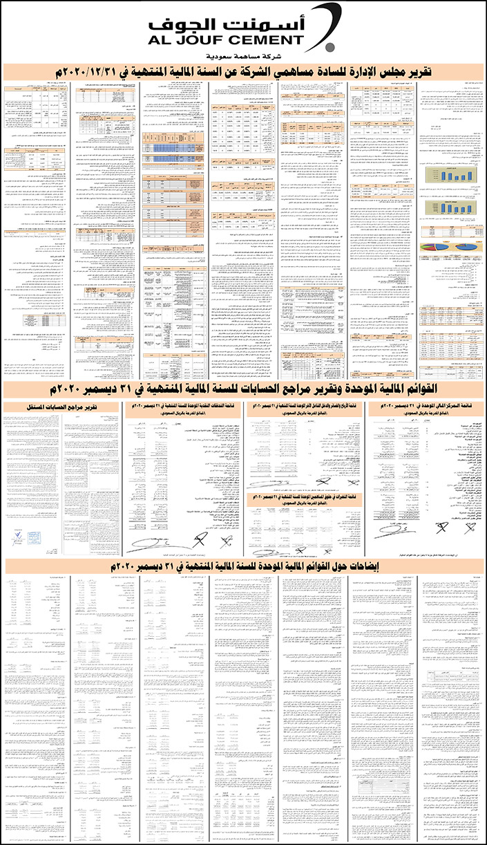 ميزانية أسمنت الجوف - تقرير مجلس الإدارة للسادة مساهمي الشركة عن السنة المالية المنتهية في 31 / 12 / 2020م 