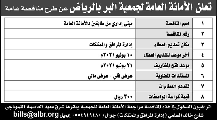 الأمانة العامة لجمعية البر بالرياض تطرح منافسة عامة 