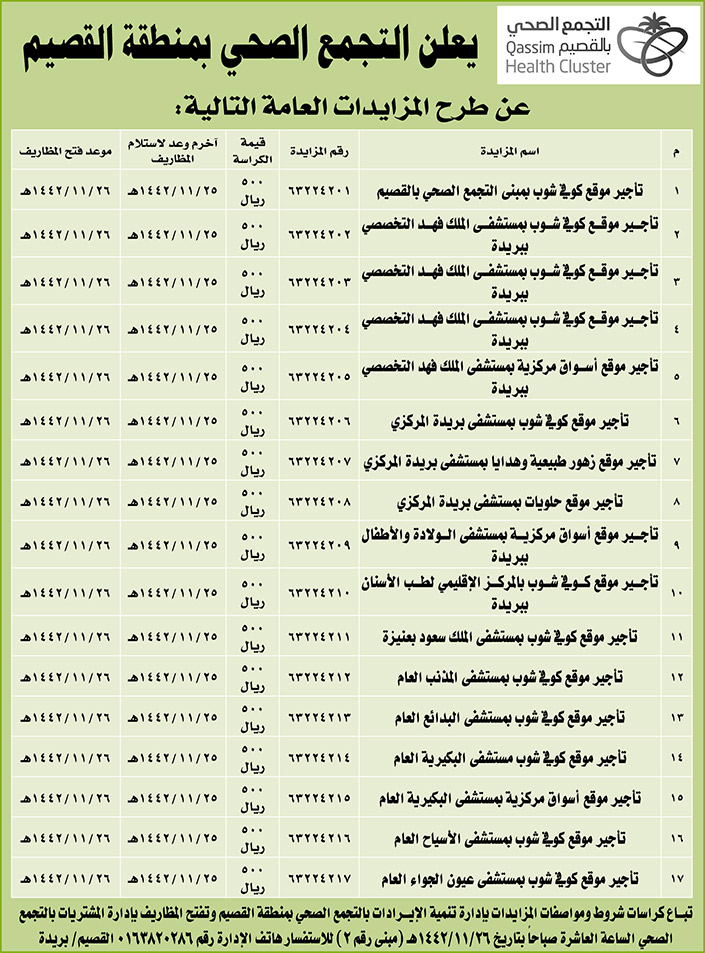 يعلن التجمع الصحي بمنطقة القصيم عن طرح مزايدات في منافسة عامة 