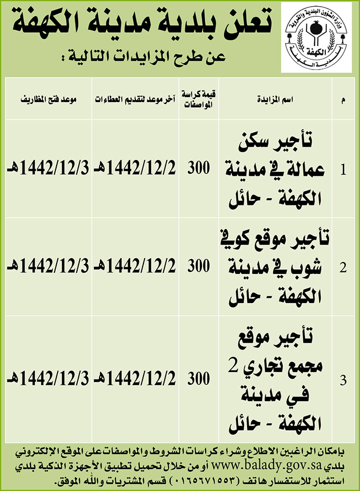 بلدية مدينة الكهفة تطرح عدد من المزايدات 