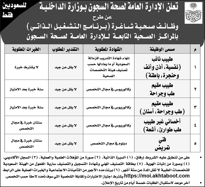 الإدارة العامة لصحة السجون بوزارة الداخلية تطرح وظائف صحية شاغرة بالمراكز الصحية التابعة للإدارة العامة لصحة السجون 