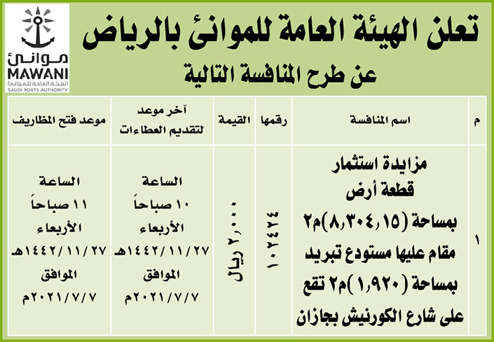 الهيئة العامة للموانئ بالرياض تطرح منافسة على مزايدة استثمار قطعة أرض على شارع الكورنيش بجازان 