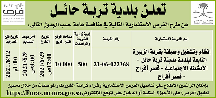 بلدية تربة حائل تطرح فرص استثمارية في منافسة عامة 