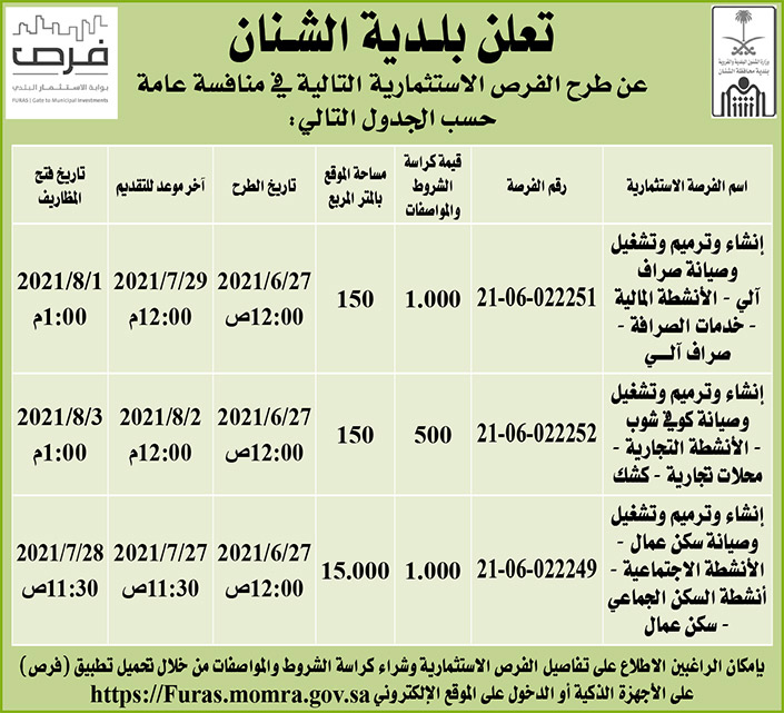 بلدية الشنان تطرح فرصاً استثمارية في منافسة عامة 