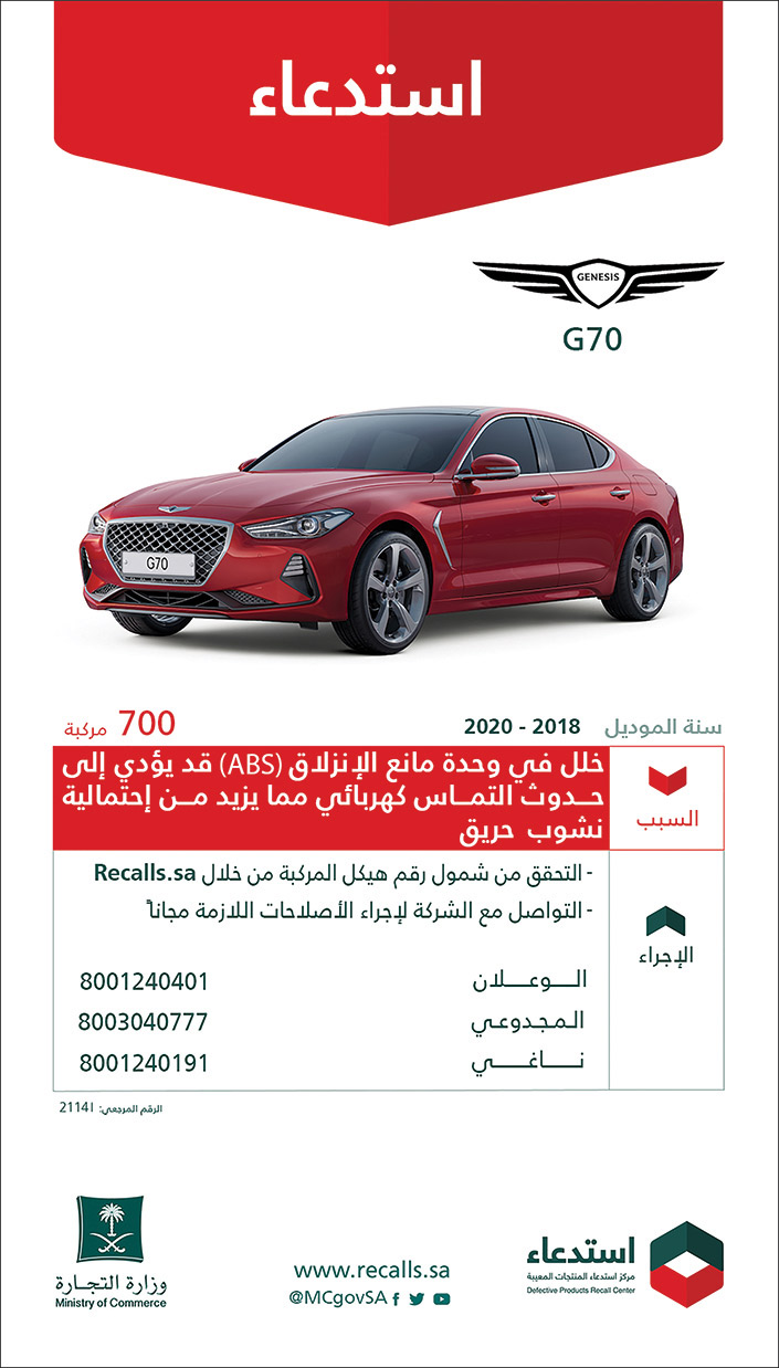 وزارة التجارة تستدعي 700 مركبة (GENESIS G70) موديل 2018 - 2020 لخلل في وحدة مانع الإنزلاق (ABS) 