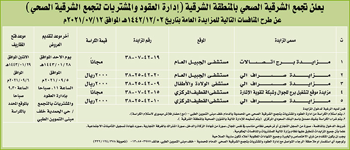 تجمع الشرقية الصحي بالمنطقة الشرقية تطرح منافسات للمزايدة العامة 