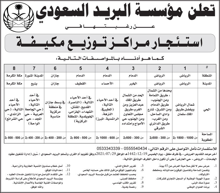 مؤسسة البريد السعودي ترغب في استئجار مراكز توزيع مكيفة 