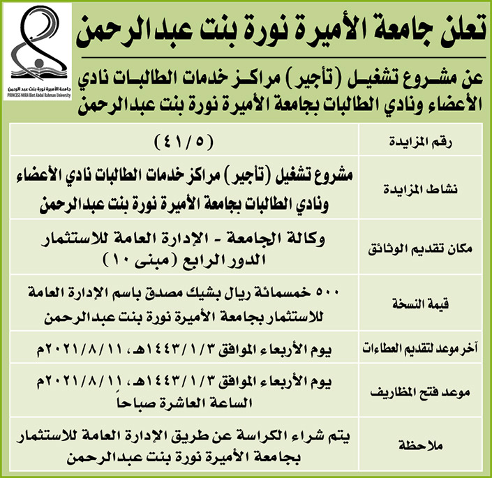 جامعة الأميرة نورة بنت عبدالرحمن تعلن عن مشروع تشغيل (تأجير) مراكز خدمات الطالبات نادي الأعضاء ونادي الطالبات بجامعة الأميرة نورة بنت عبدالرحمن 