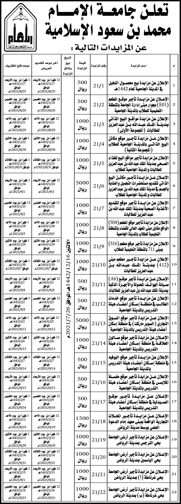 جامعة الإمام محمد بن سعود الإسلامية تطرح مزايدات 