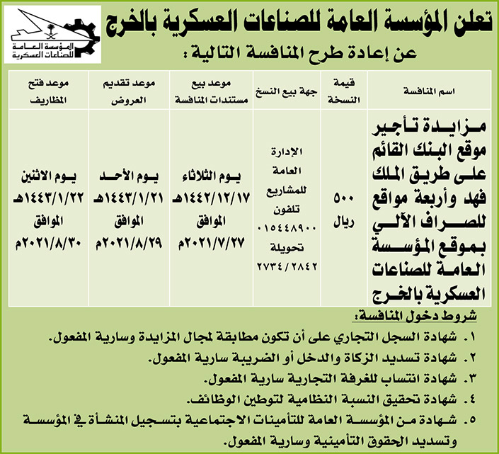 المؤسسة العامة للصناعات العسكرية بالخرج تطرح منافسة بالمزايدة لتأجير موقع البنك القائم على طريق الملك فهد وأربعة مواقع للصراف الآلي 