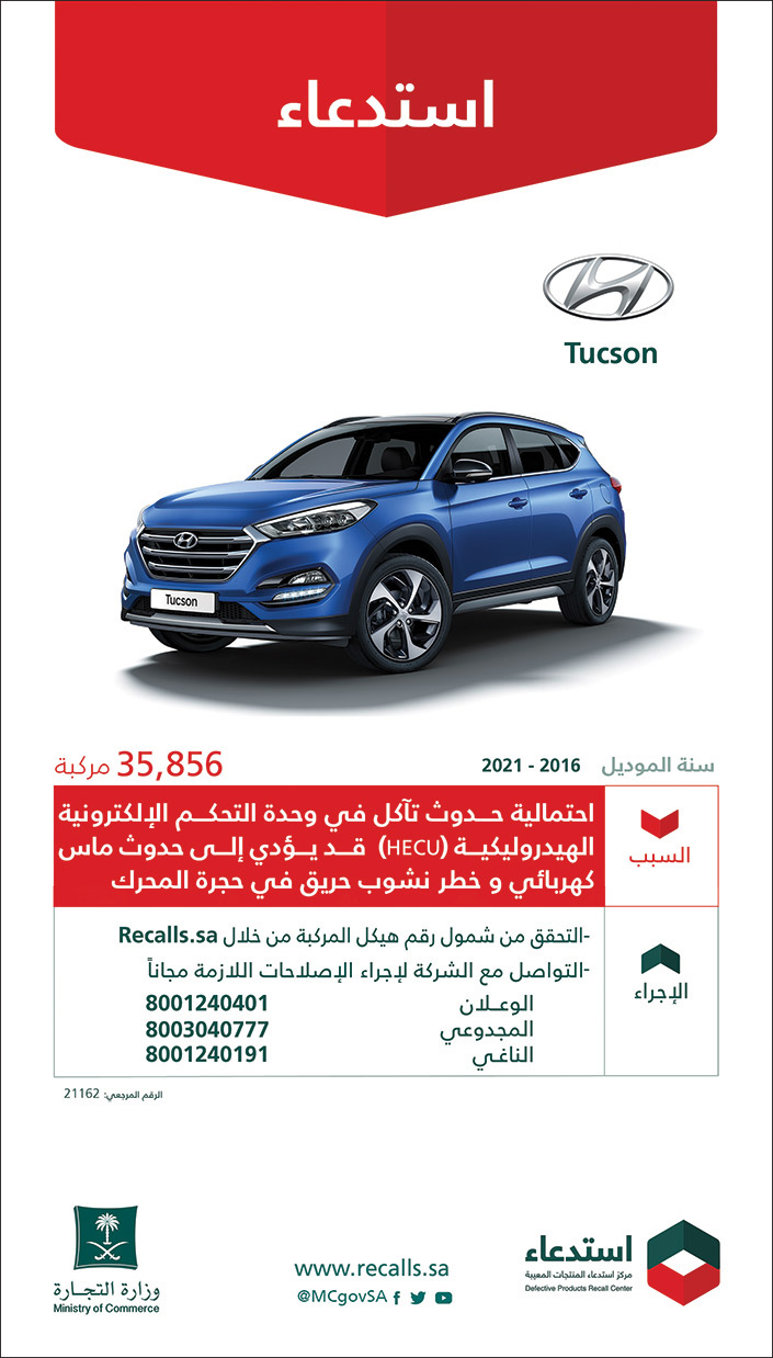 استدعاء 35.856 مركبة (هيونداي Tucson) من موديل 2016 إلى 2021 