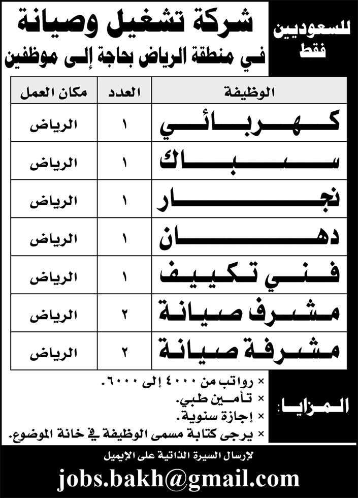 وظائف شاغرة للسعوديين فقط لشركة تشغيل وصيانة في منطقة الرياض 