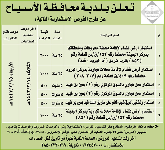 بلدية محافظة الأسياح تطرح فرصاً استثمارية 