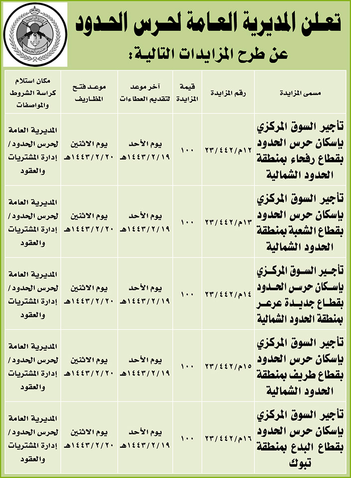 المديرية العامة لحرس الحدود تطرح مزايدات 