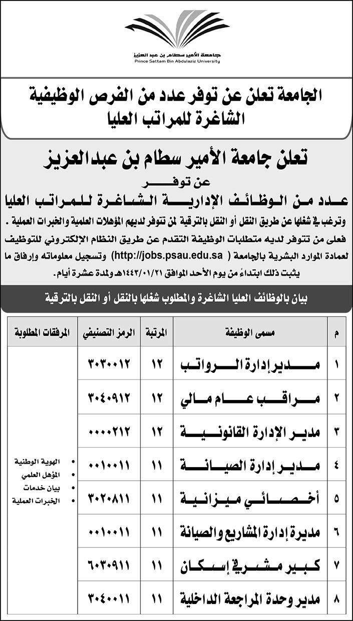 جامعة الأمير سطام بن عبد العزيز تعلن عن توفر عدد من الفرص الوظيفية الشاغرة للمراتب العليا 