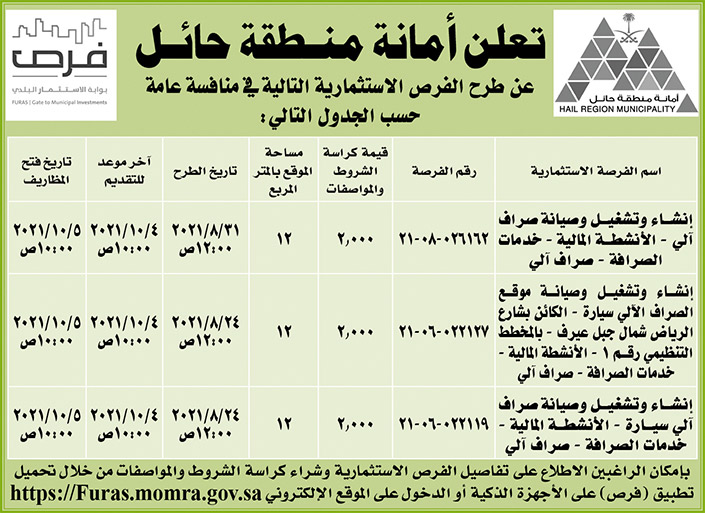 أمانة منطقة حائل تطرح فرص استثمارية في منافسة عامة 