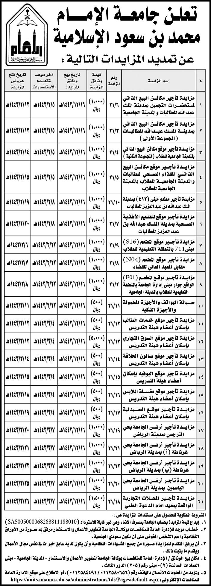 جامعة الإمام محمد بن سعود الإسلامية تمدد المزايدات 