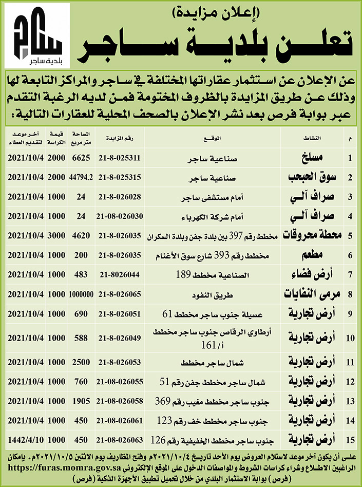 بلدية ساجر تعلن عن استثمار عقاراتها المختلفة في ساجر والمراكز التابعة لها وذلك عن طريق المزايدة بالظروف المختومة 