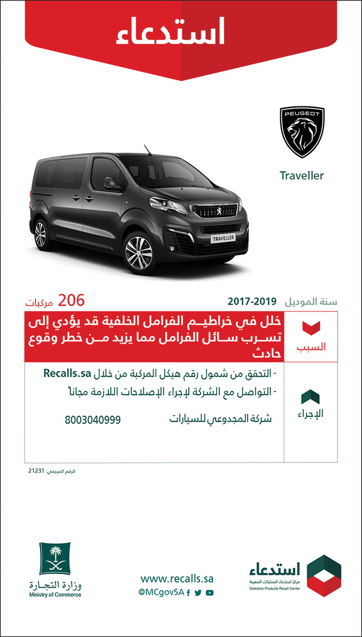 استدعاء PEUGEOT نوع Traveller لعدد 206 مركبات موديل 2017 و 2019 