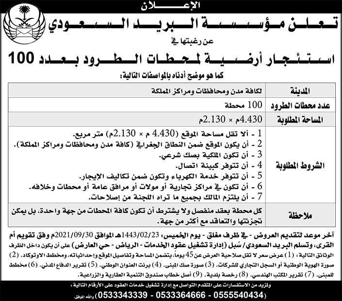 مؤسسة البريد السعودي يرغب في استئجار أرضية لمحطات الطرود بعدد 100 في كافة مدن ومحافظات المملكة 