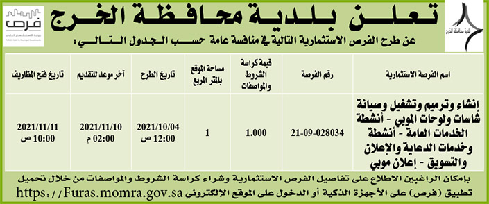 بلدية محافظة الخرج تطرح فرص استثمارية في منافسة عامة 