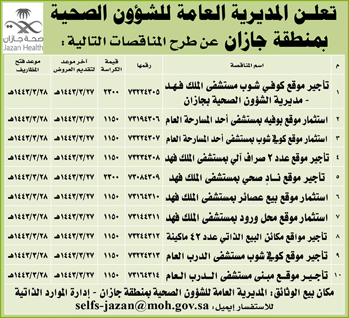 المديرية العامة للشؤون الصحية بمنطقة جازان تطرح مناقصات 