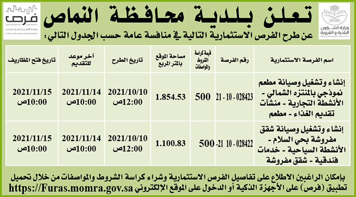 بلدية محافظة النماص تطرح فرص استثمارية في منافسة عامة 