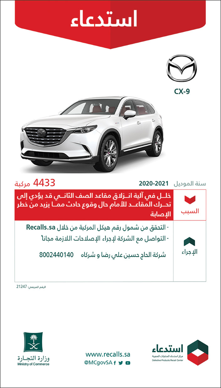 استدعاء سيارات (مازدا) (CX - 9) من موديل 2021 إلى 2022 لعدد 4433 مركبة 