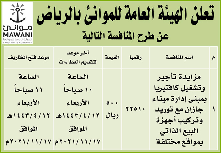 الهيئة العامة للموانئ بالرياض تطرح المنافسة بالمزايدة لتأجير كافنيريا بمبنى إدارة ميناء جازان مع توريد وتركيب أجهزة البيع الذاتي بمواقع مختلفة 