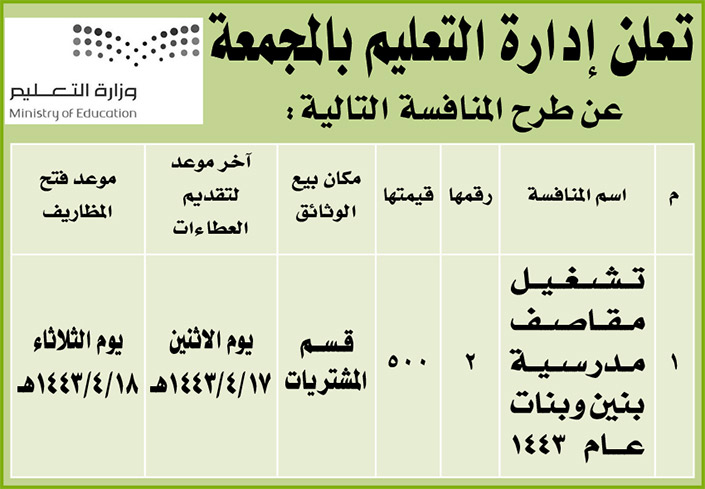 إدارة التعليم بالمجمعة تطرح منافسة تشغيل مقاصف مدرسية بنين وبنات 
